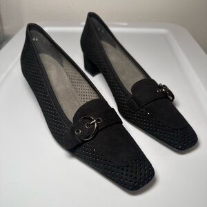 Stuart Weitzman Mesh Suede Kitten Heel Pumps with Buckle